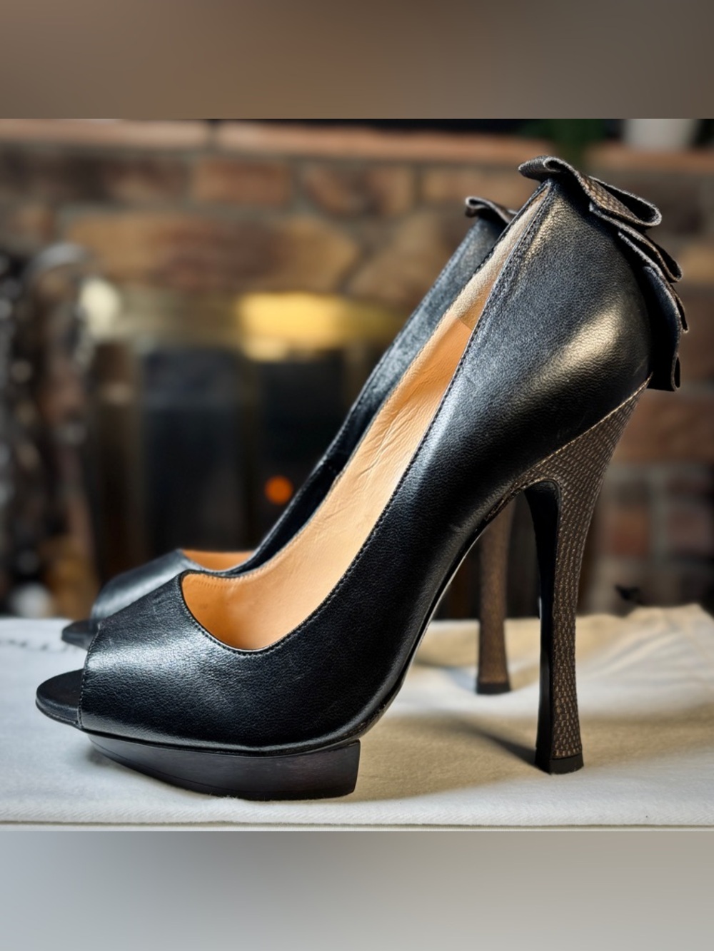Pollini Black Leather & WoodSuede Ruffle Peep Toe Platform Heels, Szs 7 & 9.5
